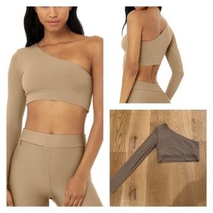 Alo Yoga Ribbed Wave Crop Top Long Sleeve in Tan Color size S